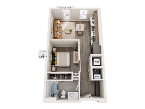 A floor plan of a small apartment with a kitchen, living room, and bathroom.